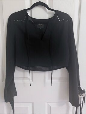 “Hey You” Western Cropped Black Rhinestone-Embellished Fringe Top